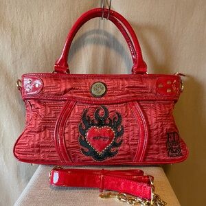 VTG Ed Hardy Red Satin Handbag with Flame Heart Design